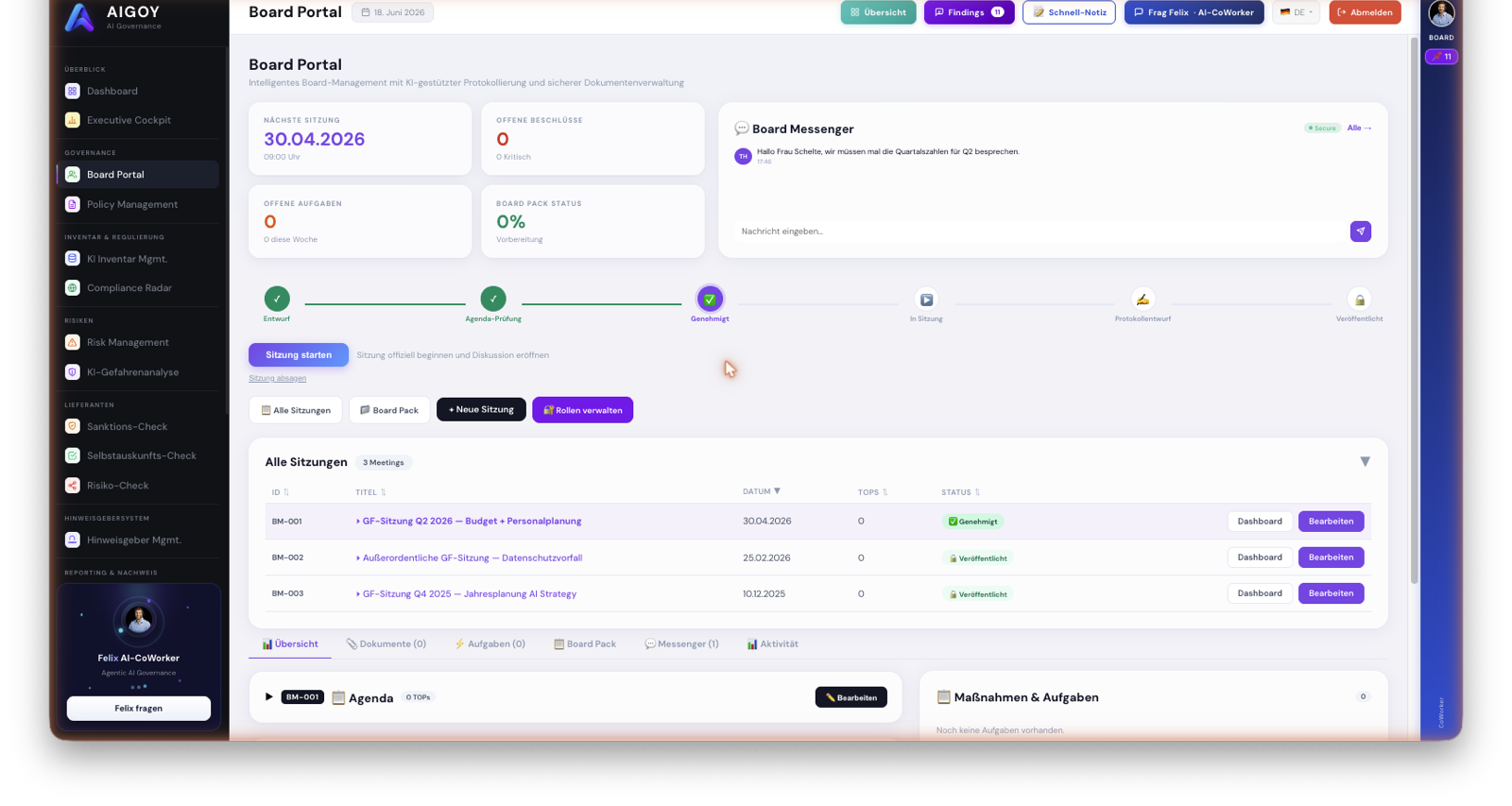 AIGOY Board Portal med møde-workflow, Board Messenger og beslutningsprotokoller