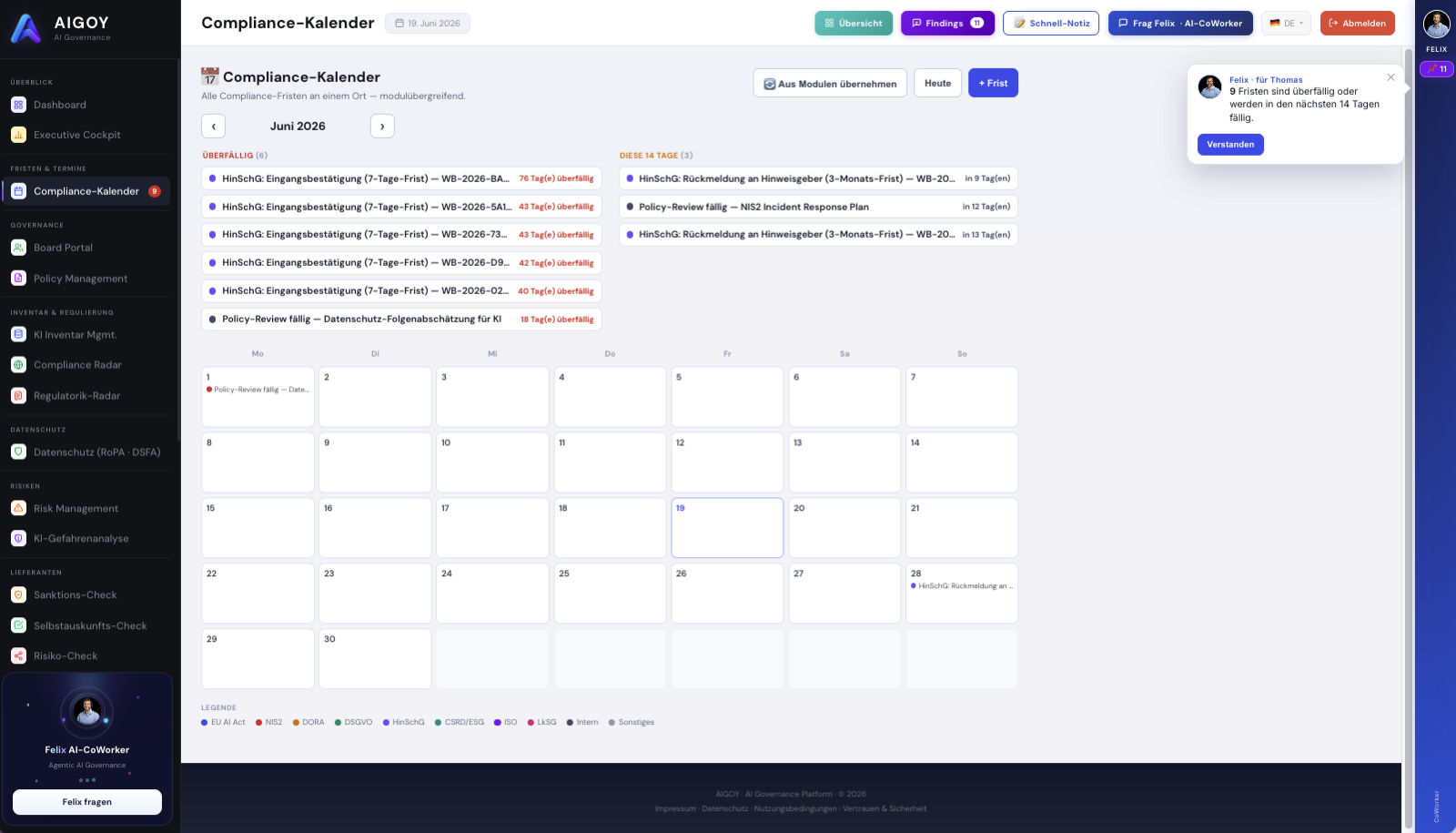 AIGOY Compliance-kalender — alle compliance-frister på tværs af moduler i månedsgitter med forfaldne-trafiklys
