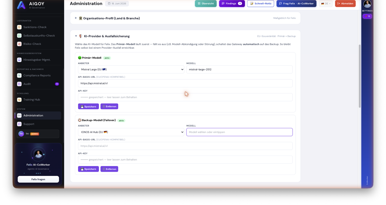 AIGOY AI-udbyder-gateway: Mistral Large (EU) som primær model, IONOS AI Hub (EU) som automatisk backup-failover
